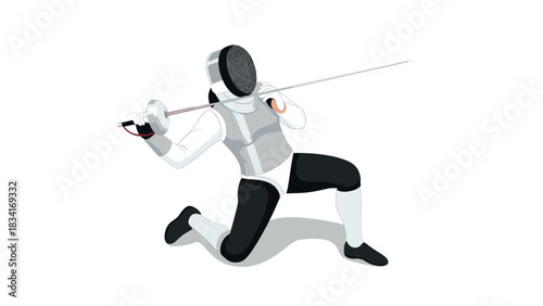 Dynamic fencing pose in modern sports attire on a white background