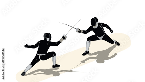 Dynamic fencing duel silhouette on white background