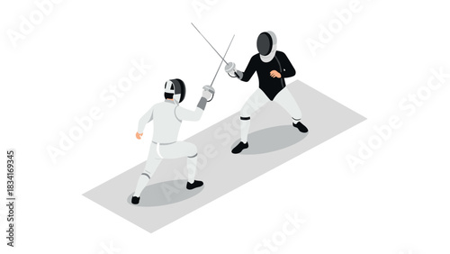 Isometric design of two fencers engaging in a duel on a neutral background