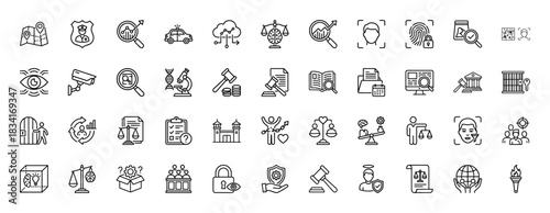 Law and justice line icon set. vector pictograms of police, investigation, judgment, security, and forensics, thin outline illustration.