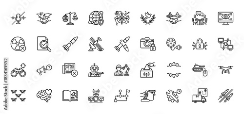 Military and geopolitics line icon set. Vector pictograms of tank, drone, missile, satellite, surveillance, censorship, diplomacy, cyber, robot, thin outline illustration.