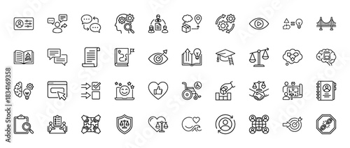 Business and education line icon set. Vector pictograms of settings, communication, teamwork, and graduation, thin outline illustration.