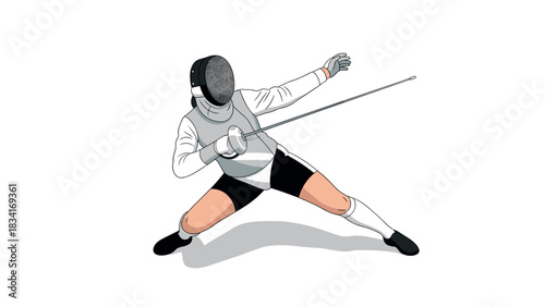 Dynamic fencing pose with modern equipment and protective gear
