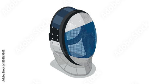 Isometric design of fencing helmet with modern geometric patterns and detailing