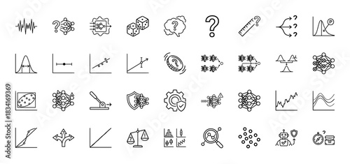 Data science line icon set. Vector pictograms of neural networks, statistical charts, analysis graphs, balance scales, and machine learning concepts, thin outline illustration.
