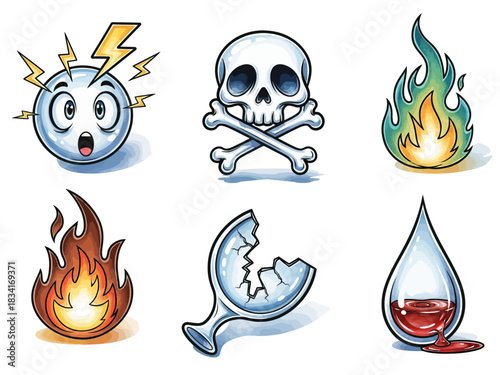 Set of icons depicting danger skull, fire, lightning, broken glass, blood drop