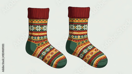 A pair of cozy festive knitted socks with a traditional nordic fair isle pattern in red green yellow and white perfect for winter holidays and cold weather comfort