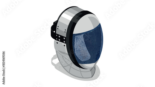 Modern fencing helmet with mesh visor on white background