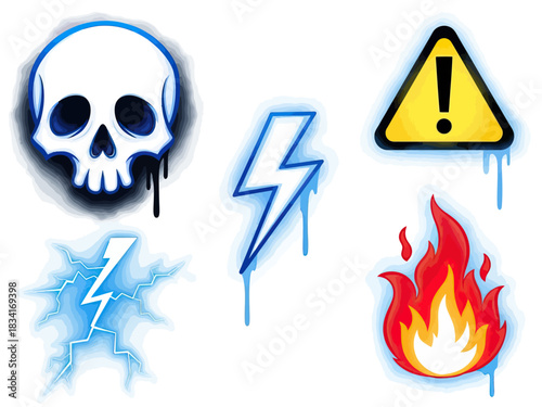 Set of hazardous symbols including skull, lightning, warning, and fire icons