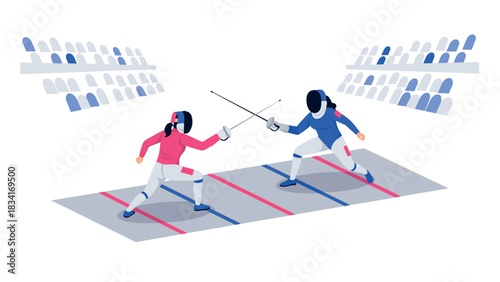 Dynamic fencing duel in stadium with enthusiastic crowd and modern design