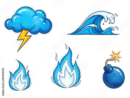 Collection of Weather Phenomena, Fire, and Explosives Icons