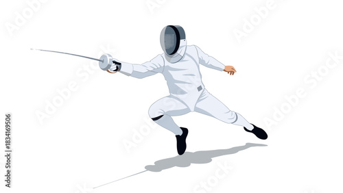 Dynamic fencer in action with rapier on white background