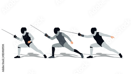Dynamic fencing action with three competitors in protective gear