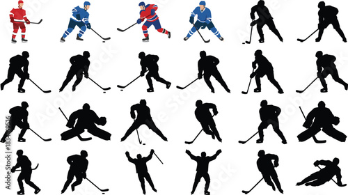 Massive ice hockey player silhouette collection, male athletes and goalies skating, stickhandling, shooting pucks, celebrating, various team sport action poses, detailed vector illustration