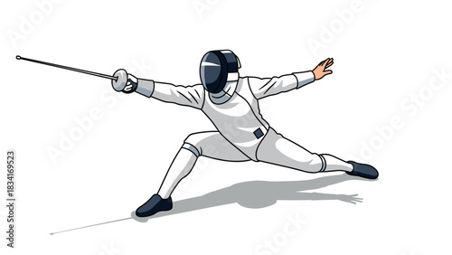 Dynamic fencer lunging in action pose, cartoon style with shadow