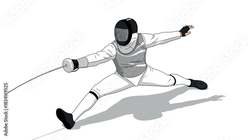 Dynamic fencer in battle pose: detailed sport action scene with modern gear