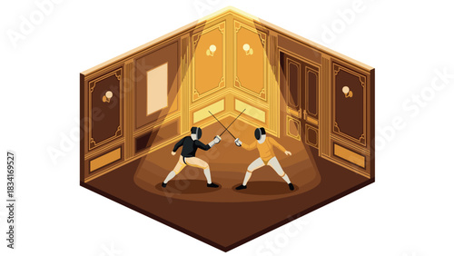 Isometric fencing duel in vintage room with warm lighting