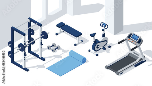 Isometric home gym equipment set with treadmill, weights, and exercise mat