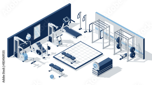 Isometric gym design with modern fitness equipment in minimalist layout
