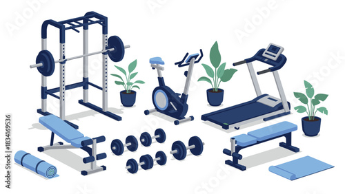 Modern home gym equipment in isometric style with plants and accessories