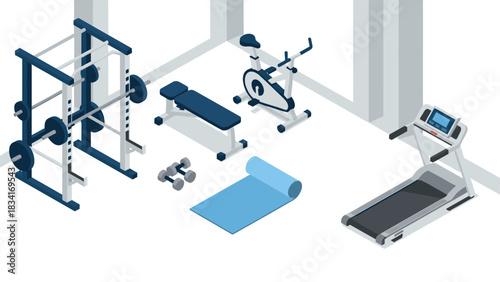 Isometric home gym equipment set with treadmill, weights, bench, and exercise bike