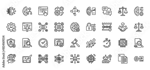 Artificial intelligence line icon set. Vector pictograms of neural networks, machine learning, data security, and ethics, thin outline illustration.