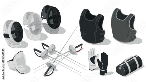 Fencing equipment set featuring masks, swords, gloves, and protective gear