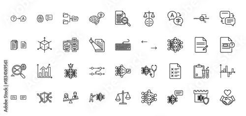Artificial intelligence line icon set. vector pictograms of deep learning, algorithms, data analysis, neural network, and text processing, thin outline illustration.
