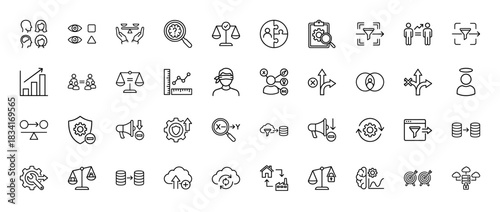 Justice and ethics line icon set. Vector pictograms of scales, blindfolded person, data funnel, and decision making, thin outline illustration.