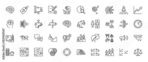 Business and data analysis line icon set. Vector pictograms of brain, target, chart, growth, and algorithm, thin outline illustration.