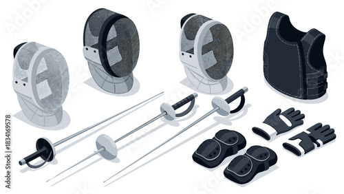 Isometric fencing gear: helmets, swords, and protective accessories
