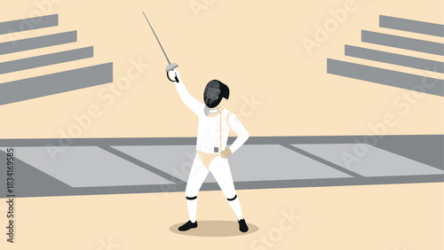 Fencer triumphantly holding sword in arena with minimalist background