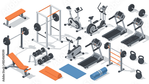Modern gym equipment collection featuring isometric treadmills, weights, and yoga mats