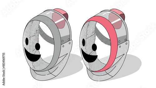 Colorful fencing helmets with joyful faces in modern flat style