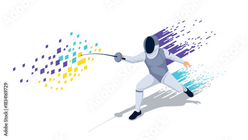 Dynamic fencing action in isometric style with abstract pixel trail