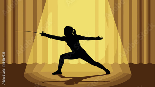 Dynamic fencer in spotlight on stage with dramatic curtain background