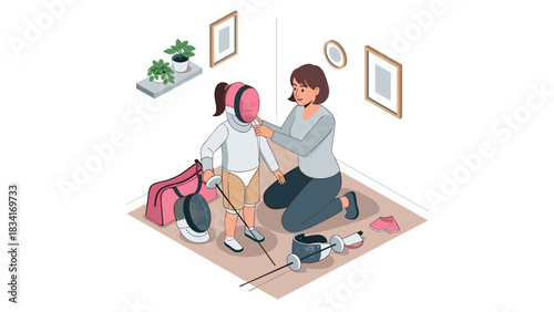 Mother teaching daughter fencing in cozy room with sports equipment and décor