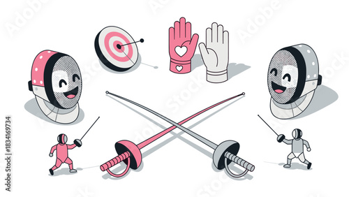 Cute fencing characters in isometric design with pink and black elements