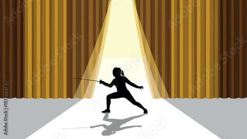 Dynamic silhouette fencing scene on stage with dramatic lighting