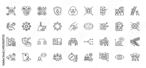 Social science, legal and business line icon set. Vector pictograms of sociology, strategy, psychology, teamwork, politics, research, justice, thin outline illustration.