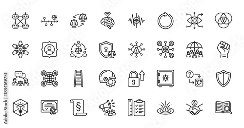 Legal and justice line icon set. vector pictograms of balance scales, shield, certificate, and contract, thin outline illustration.