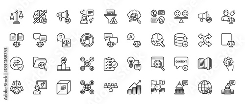 AI ethics and legal line icon set. Vector pictograms of justice scale, brain, megaphone, gender symbols, handshake, documents, and government building. Thin outline illustration.
