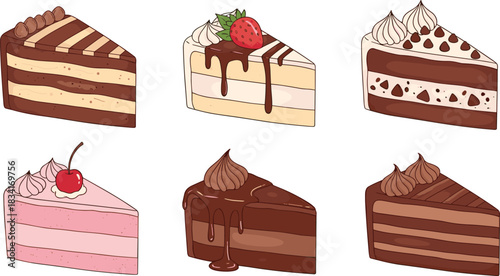 Delicious assorted cake slices, chocolate desserts, strawberry and cherry toppings, creamy layered pastries, sweet bakery treats