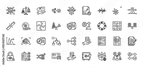 Data science and machine learning line icon set. Vector pictograms of analytics, ethics, governance, statistics, modeling, algorithm, research, thin outline illustration.