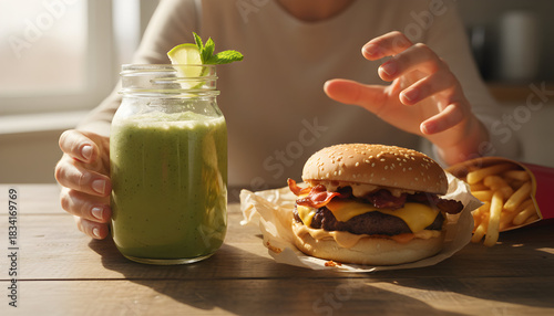 Delicious Burger and Smoothie Meal