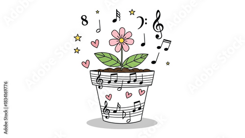 Melody Blossom: A whimsical illustration of a flower pot overflowing with music notes, symbolizing the harmonious growth of art and nature