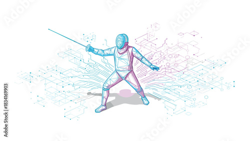 Futuristic fencer in geometric cyberspace with data flowing background