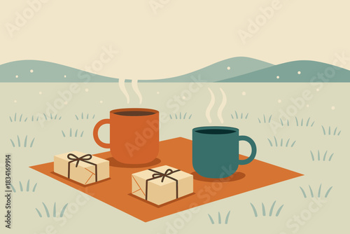 Retro Picnic Wonderland. Frosty meadow picnic minimalist flat illustration of geometric picnic setup with mugs