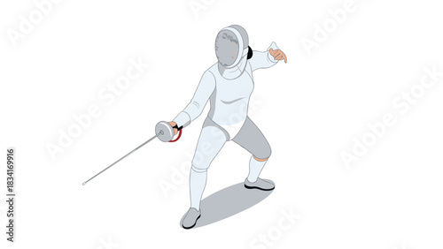 Dynamic fencer in action pose with epee on white background