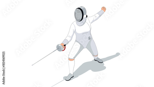 Isometric fencing athlete in action stance with sword on white background